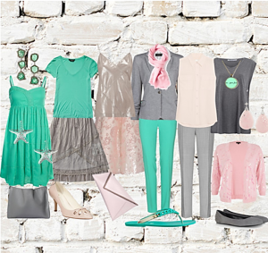 Grey is the core neutral. Green and pink are the mix n match colours.